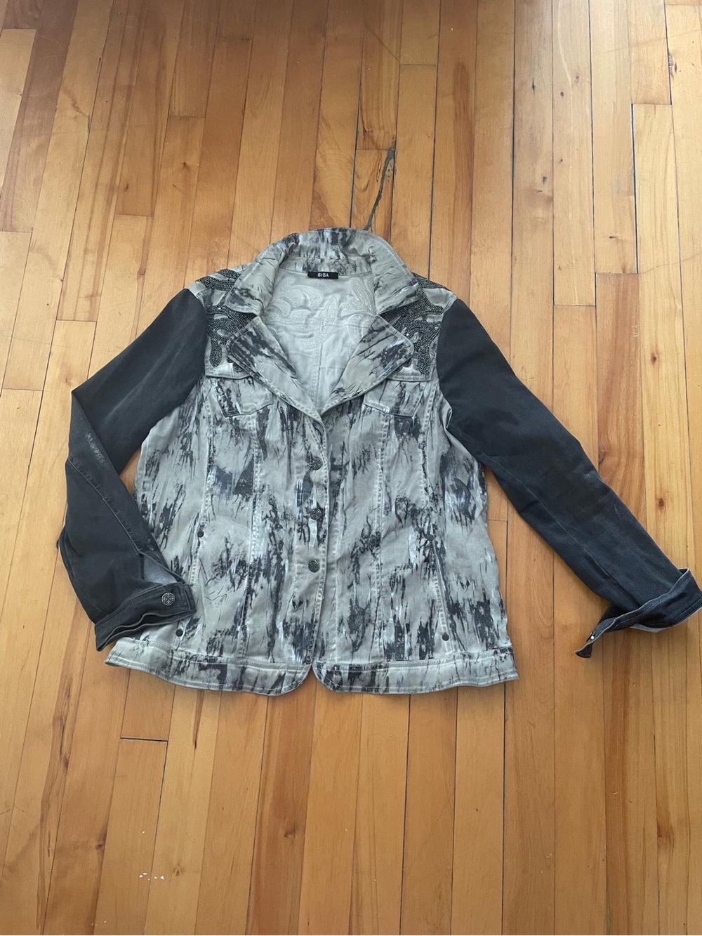 Biba Two-Tone Washed Denim Jacket in Black and Gray with motifs